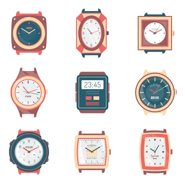 Verschillende typen horloges plat pictogrammen collectie — Stockvector