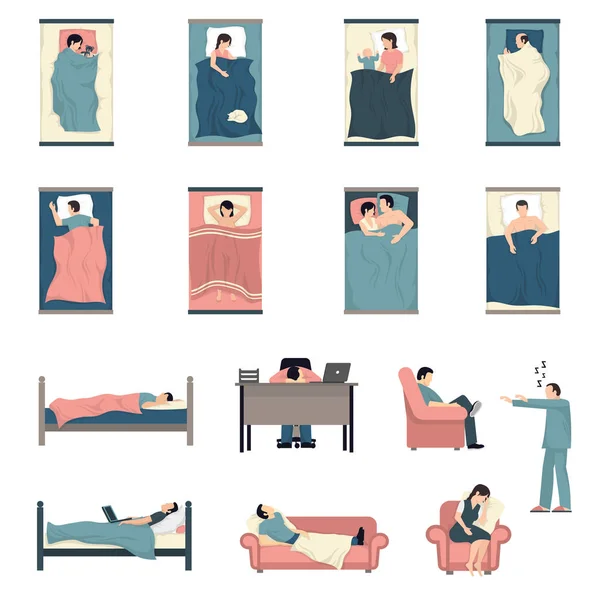 Set de iconos planos para personas dormidas — Vector de stock