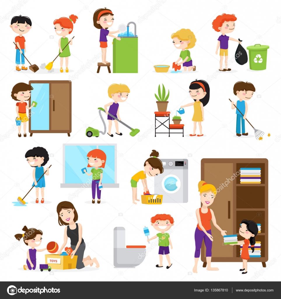 Clipart Kid Cleaning Kid Cleaning Set Stock Vector