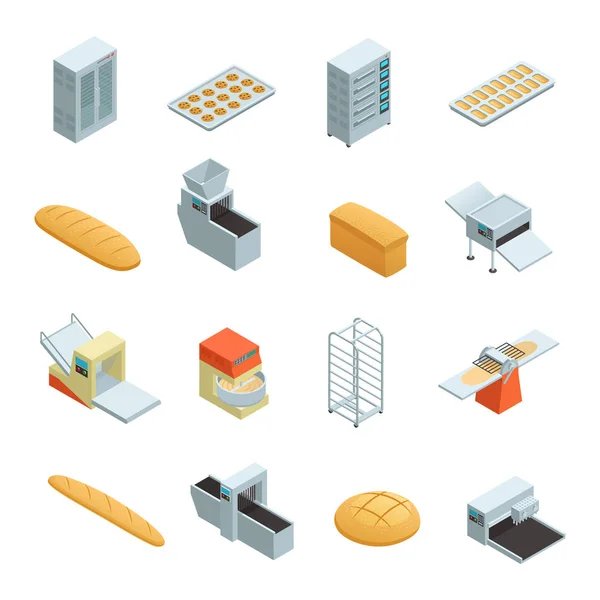 Set de iconos isométricos de fábrica de panadería — Vector de stock