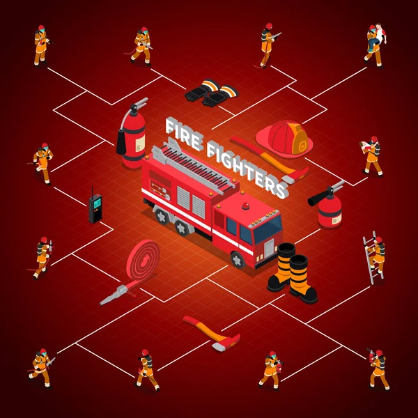 Firefighter Isometric Flowchart - Stok Vektor