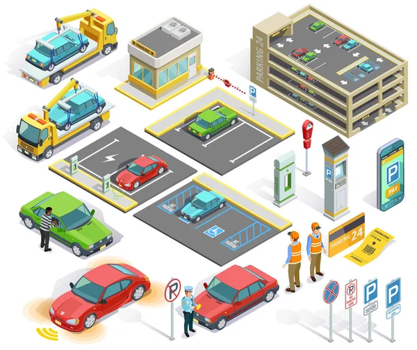 Conjunto de elementos isométricos de estacionamento — Vetor de Stock