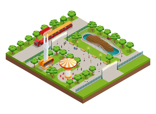 Concepto isométrico del parque de atracciones — Vector de stock