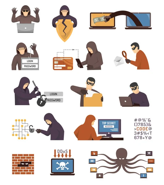 Internet Security Hackers Set de iconos planos — Vector de stock