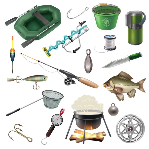 Conjunto de elementos de equipamento de pesca — Vetor de Stock