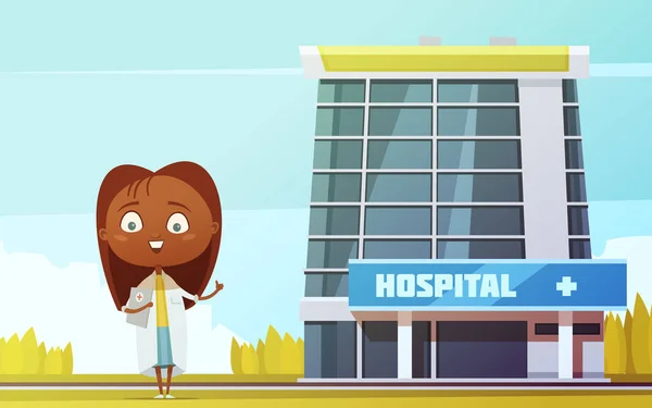 Beeldje van de Cartoon van de vrouwelijke arts in stad ziekenhuis — Stockvector