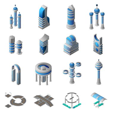 Gelecek şehir izometrik Icons Set