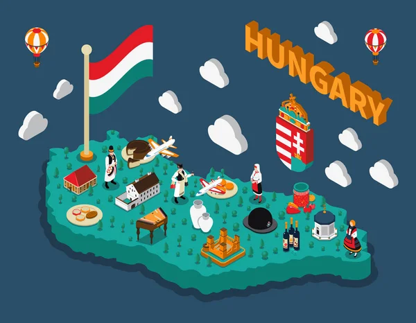 Hungary Isometric Touristic Map — Stock Vector