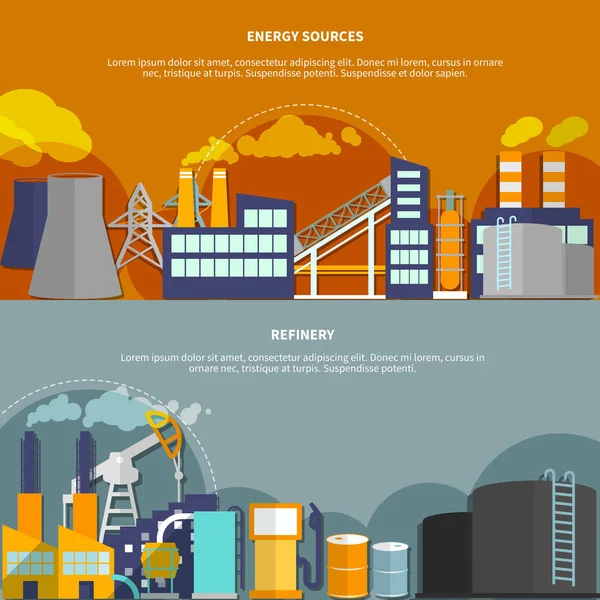 Illustrazione con fonti di energia e raffineria — Vettoriale Stock