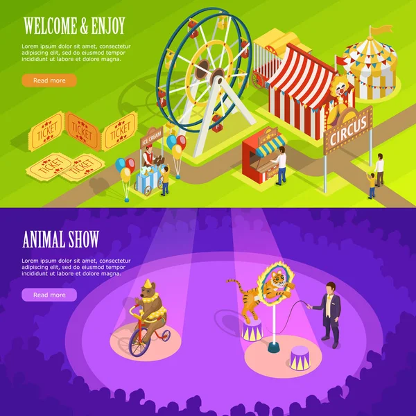 Circo Isométrico Horizontal Banners Web Design —  Vetores de Stock