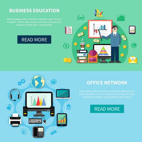 Rede de Escritório e Banners de Educação de Negócios — Vetor de Stock