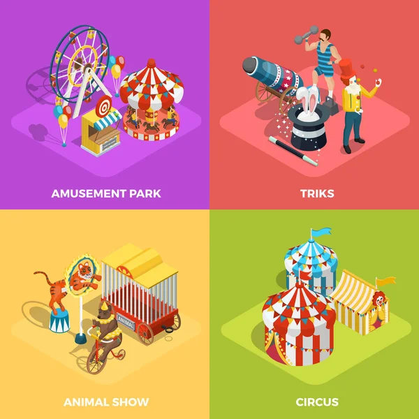 Τσίρκο 4 πλατεία εικονίδια ισομετρική αφίσα — Διανυσματικό Αρχείο