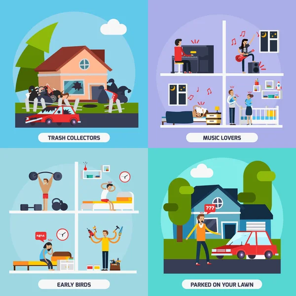 Conflictos con vecinos Conjunto de iconos de concepto — Vector de stock