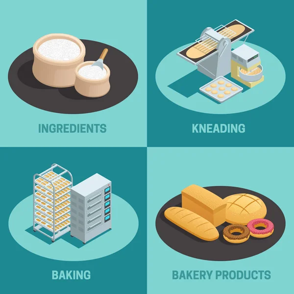 Vier bakkerij fabriek isometrische Icon Set — Stockvector