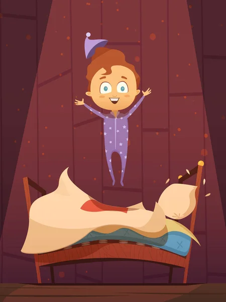 Unruly Kid In Pajamas Jumping On Unmade Bed Royalty Free Stock Illustrations