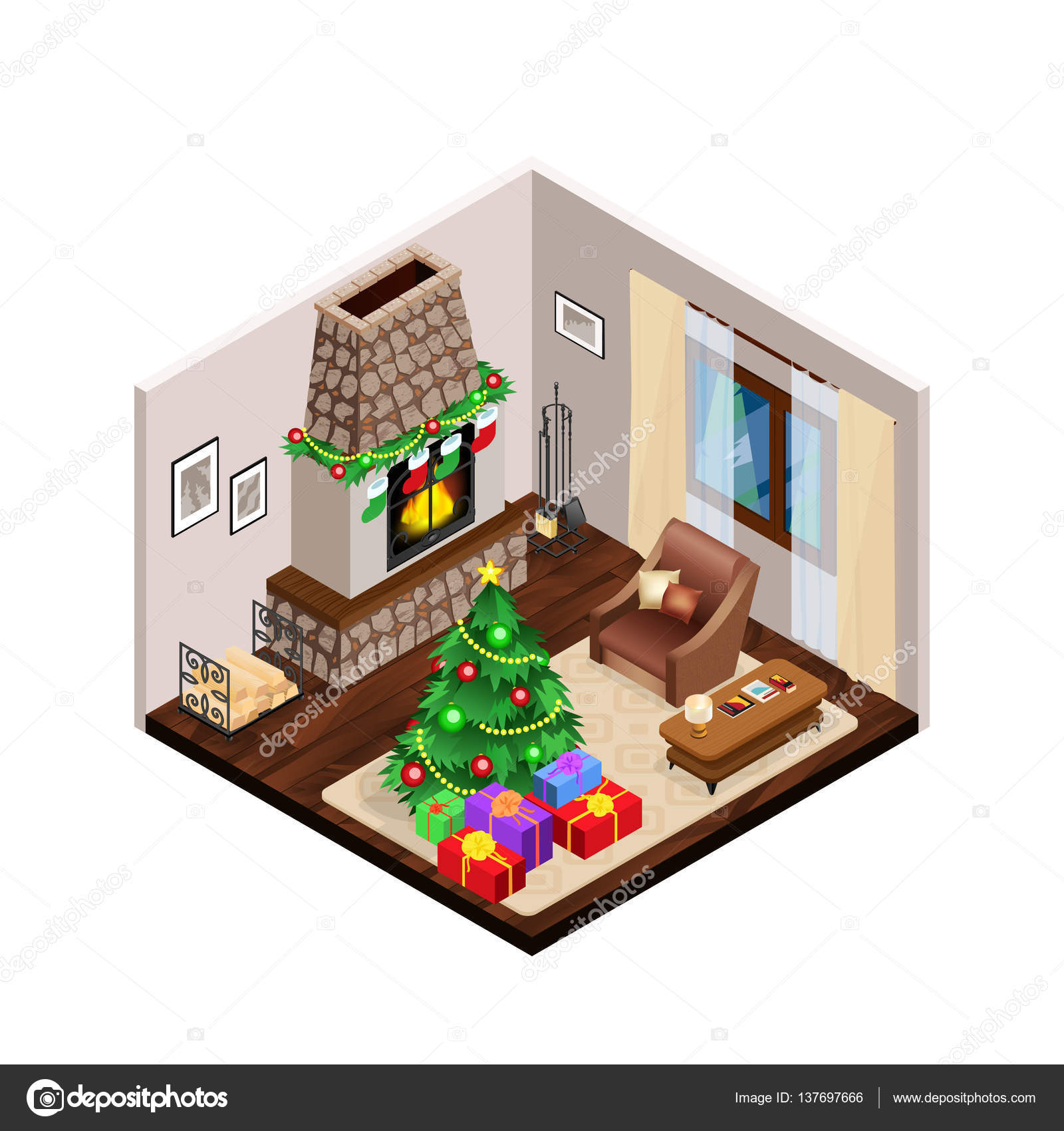 Ilustración isométrica 3d de un salón con muebles — Vector de stock