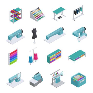 Hazır giyim fabrika izometrik Icon Set