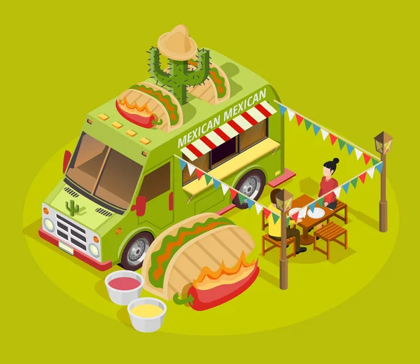 Cartel de publicidad isométrica de camión de comida mexicano — Vector de stock