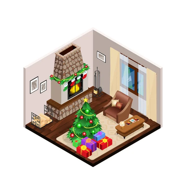 Isométrico salón interior de Navidad con chimenea — Vector de stock