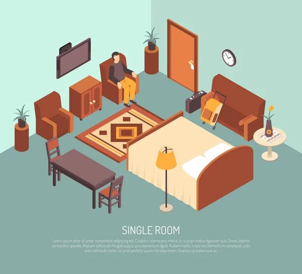 Hotel Single Room Isometric Illustration Poster — Stock Vector