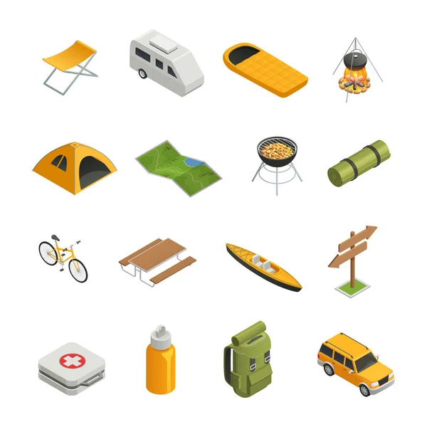 Camping Pěší turistika izometrické Icon Set — Stockový vektor