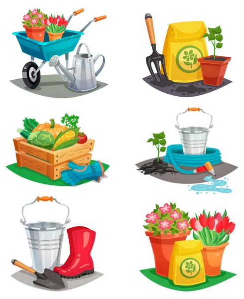 Set van geïsoleerde tuin ontwerp composities — Stockvector