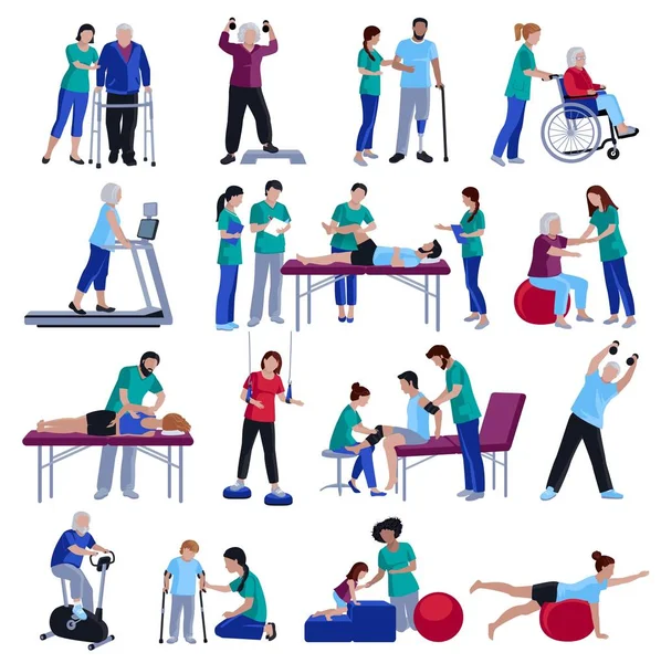 Sjukgymnastik rehabilitering personer platt ikoner Collection — Stock vektor