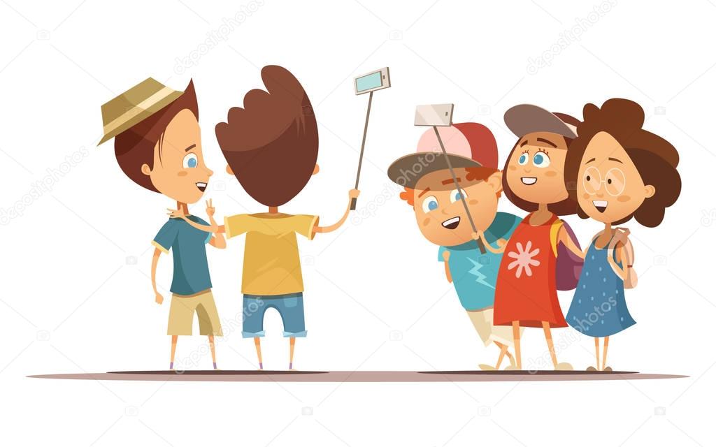 Children Making Selfie Cartoon Style Illustration