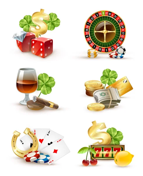 Símbolos de Casino Atributos 6 Conjunto de iconos — Vector de stock