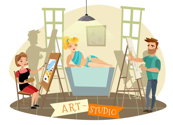 Kunst studio kreativer prozess cartoon illustration — Stockvektor