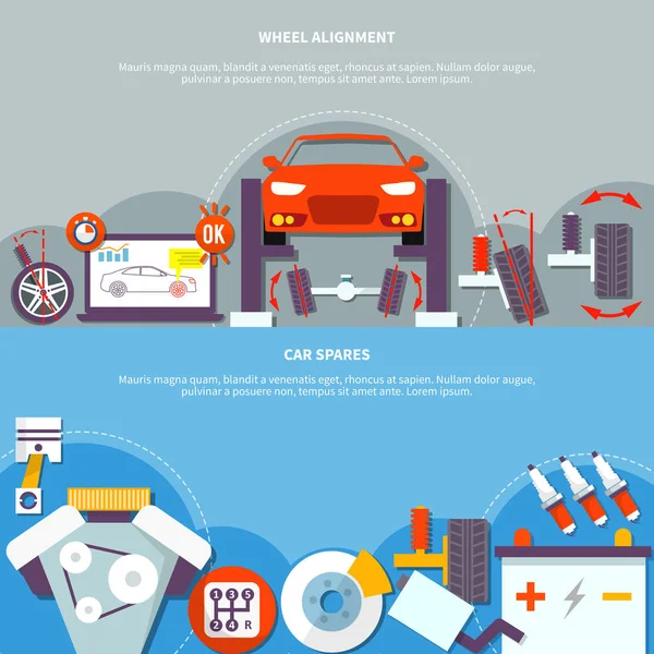 Alignement des roues et pièces détachées de voiture Bannière horizontale — Image vectorielle