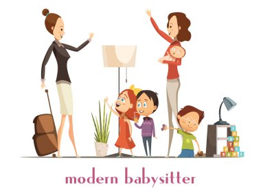 Modern bakıcı dadı hizmet karikatür çizimi 