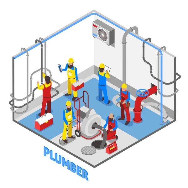 Komposisi Orang Plumber Isometrik - Stok Vektor