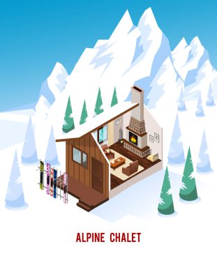 Dağlarda şömineli izometrik Chalet 