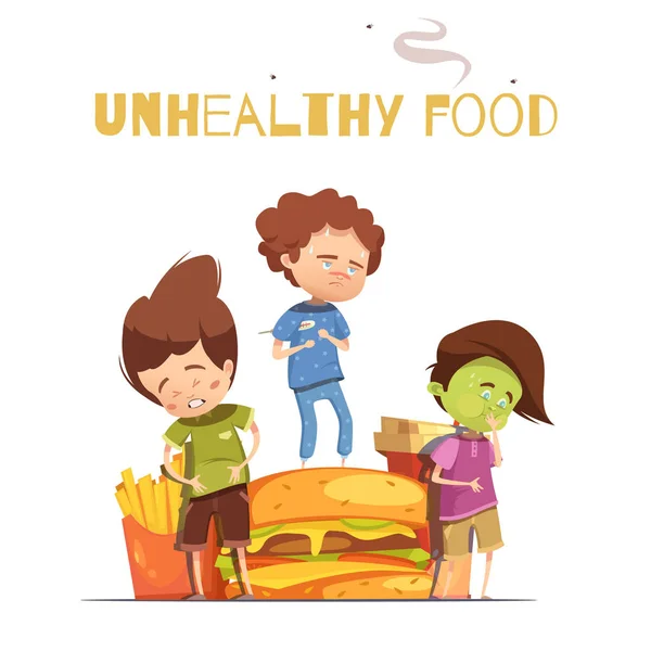 Cartel de dibujos animados de efectos nocivos de comida chatarra — Vector de stock