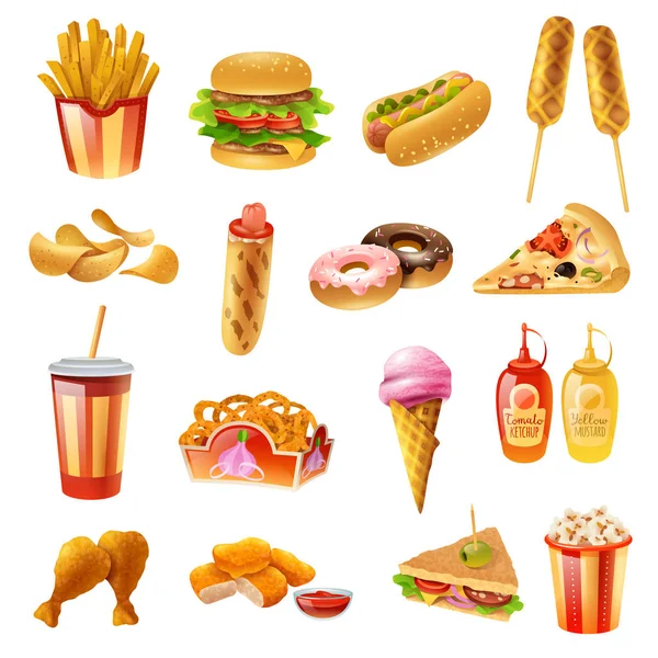 Menú de comida rápida Conjunto de iconos coloridos — Vector de stock
