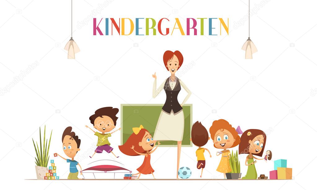 Kindergarden Teacher With Kids Cartoon Illustration