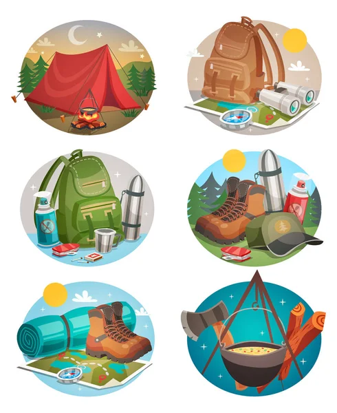 Conjunto de composiciones redondas Camping — Vector de stock