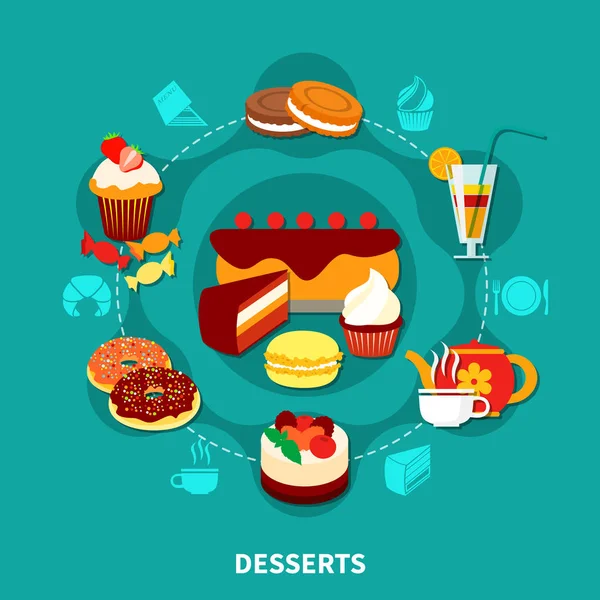 Composição redonda das sobremesas do restaurante — Vetor de Stock