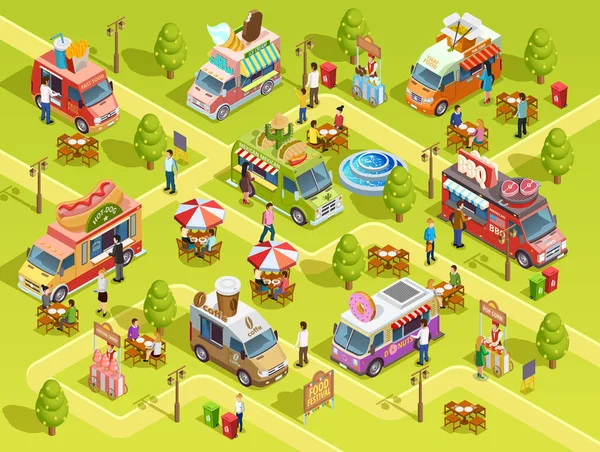 Food Trucks Outdoors Isometric Composition Poster — Stock Vector