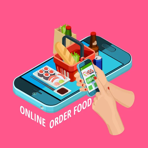 Онлайн замовлення їжі Ізометричний плакат електронної комерції — стоковий вектор