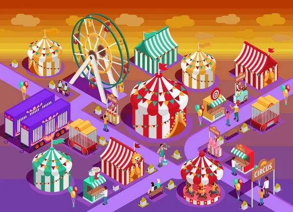 Изометрическая иллюстрация цирковых аттракционов парка развлечений — стоковый вектор