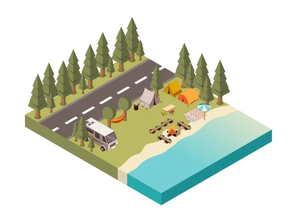 道路と湖の図間のキャンプ — ストックベクタ