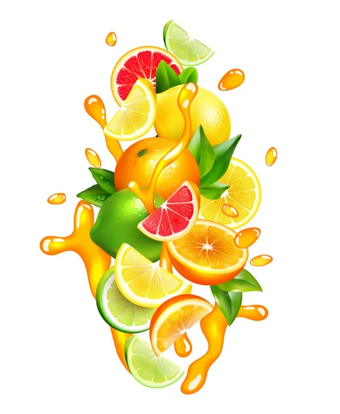 Citrus Fruits Juice  Drops Colorful Composition — Stock Vector