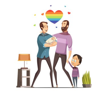 Eşcinsel aile Retro karikatür illüstrasyon sevgi dolu 