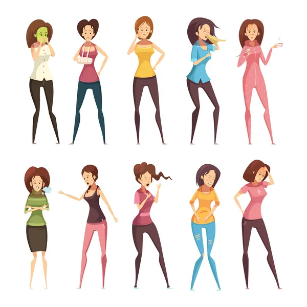 Enfermedad mujer retro dibujos animados icono conjunto — Vector de stock