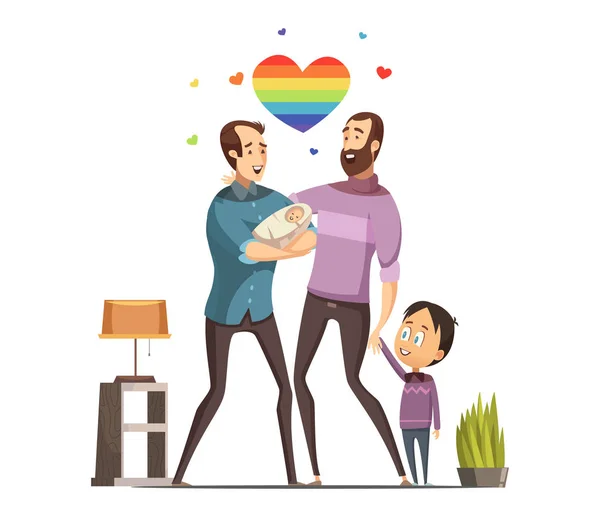 Gay αγαπώντας οικογένειας ρετρό καρτούν εικονογράφηση — Διανυσματικό Αρχείο