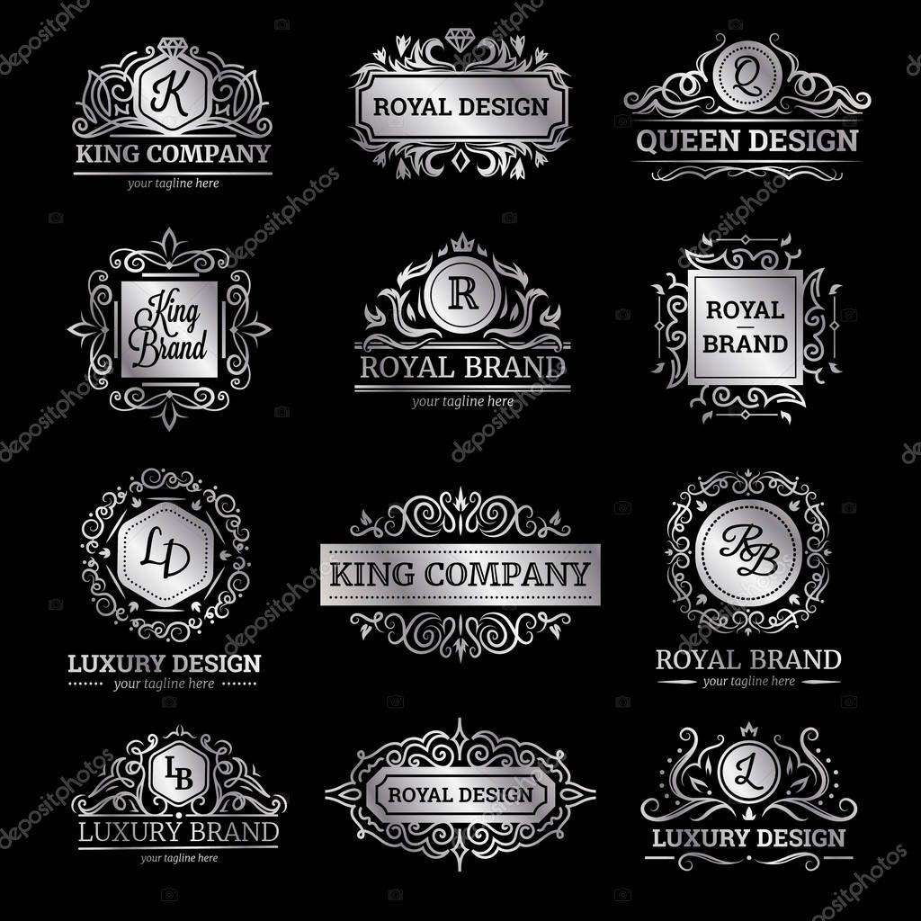 Set of silver luxury labels with flourishes and monograms ornate decorations on black background isolated vector illustration