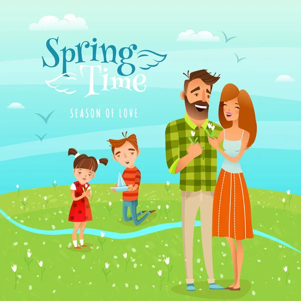 Familia y temporada Primavera Ilustración — Vector de stock
