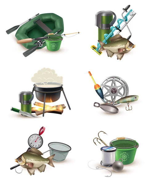 Accesorios de artes de pesca 6 iconos Set — Vector de stock